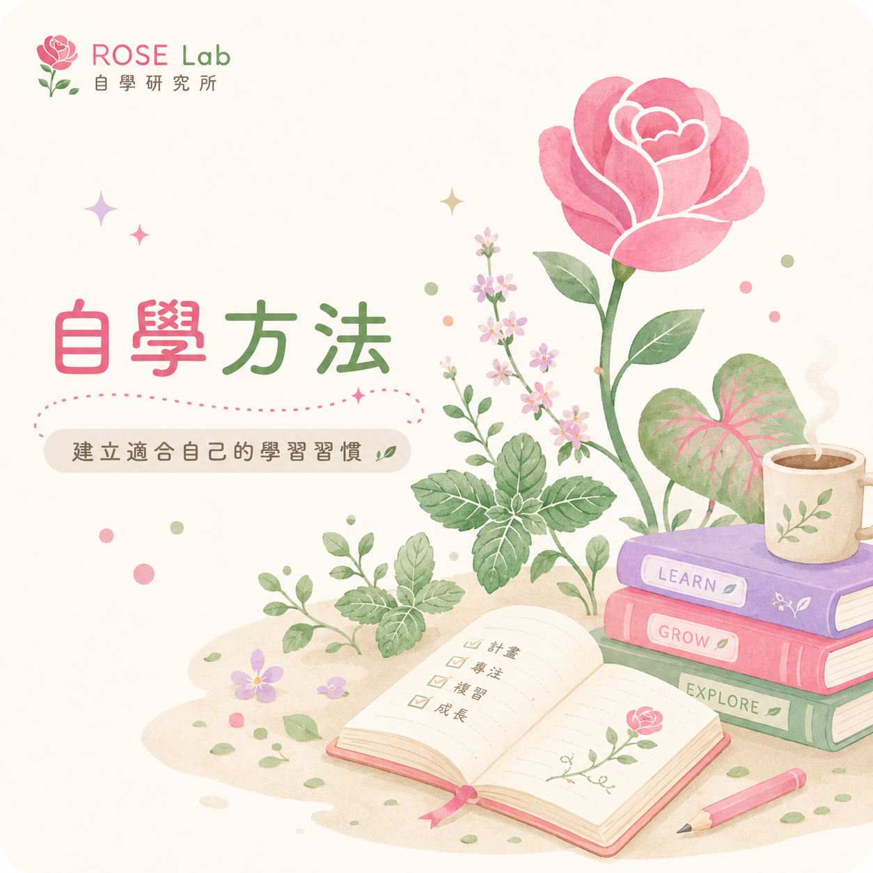 Rose Lab 玫瑰、大自然與自學筆記主視覺